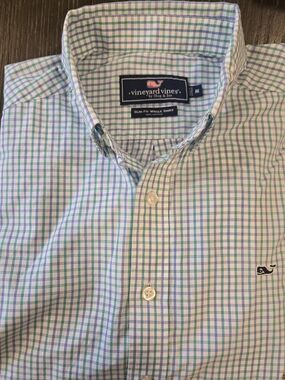 Vineyard Vines Light Blue and Green Plaid Button-Down Shirt